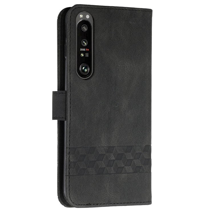 YX0010 Rhombus Lines Imprinting Skin-touch Feel Leather Stand Case Cover with Card Slots and Cash Pocket for Sony Xperia 1 III 5G - Black