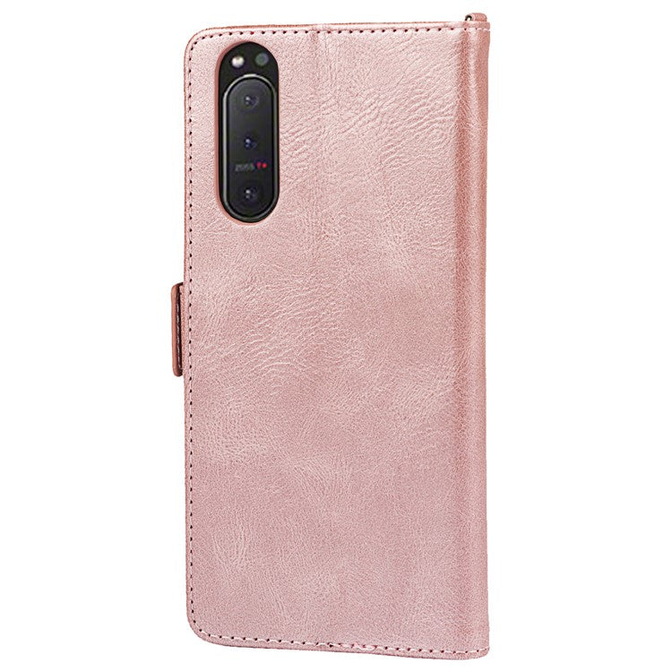 RFID Blocking Anti-fall Flip Phone Case Magnetic Closure Wallet Phone Cover with Strap and Supporting Stand for Sony Xperia 5 II - Rose Gold