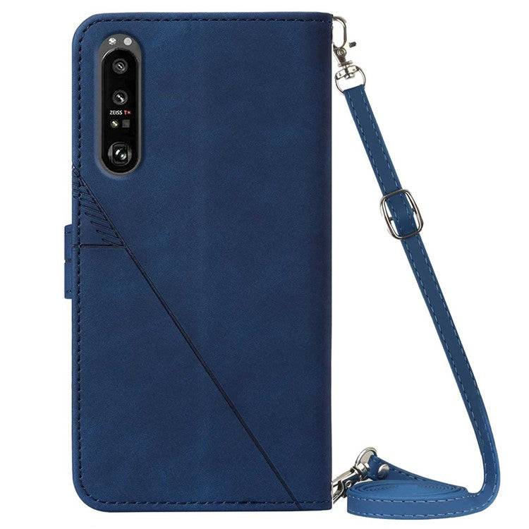 PB2-1 Series Anti-fall PU Leather Phone Cover Shell Scratch Resistant Imprinted Phone Case with Long Strap Wallet for Sony Xperia 1 III 5G - Sapphire