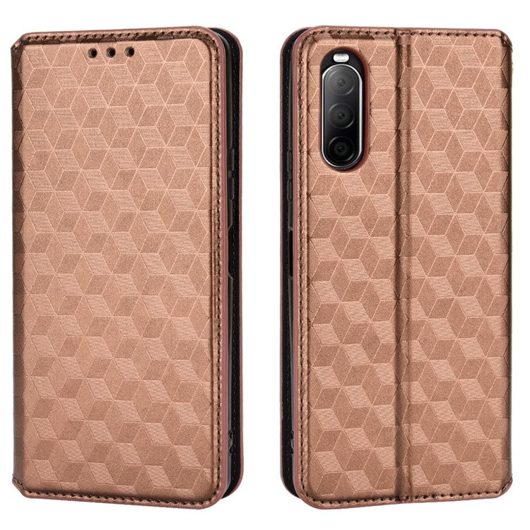 Imprinting Rhombus PU Leather Case for Sony Xperia 10 II, Wallet Stand Magnetic Auto-absorbed Phone Shell - Brown