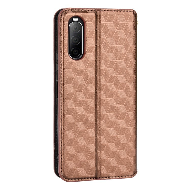 Imprinting Rhombus PU Leather Case for Sony Xperia 10 II, Wallet Stand Magnetic Auto-absorbed Phone Shell - Brown