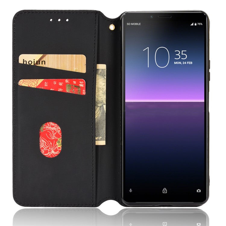Imprinting Rhombus PU Leather Case for Sony Xperia 10 II, Wallet Stand Magnetic Auto-absorbed Phone Shell - Brown