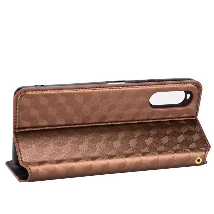 Imprinting Rhombus PU Leather Case for Sony Xperia 10 II, Wallet Stand Magnetic Auto-absorbed Phone Shell - Brown