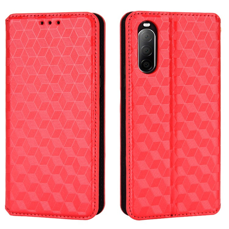 Imprinting Rhombus PU Leather Case for Sony Xperia 10 II, Wallet Stand Magnetic Auto-absorbed Phone Shell - Red