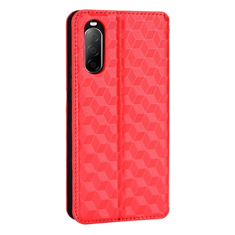 Imprinting Rhombus PU Leather Case for Sony Xperia 10 II, Wallet Stand Magnetic Auto-absorbed Phone Shell - Red