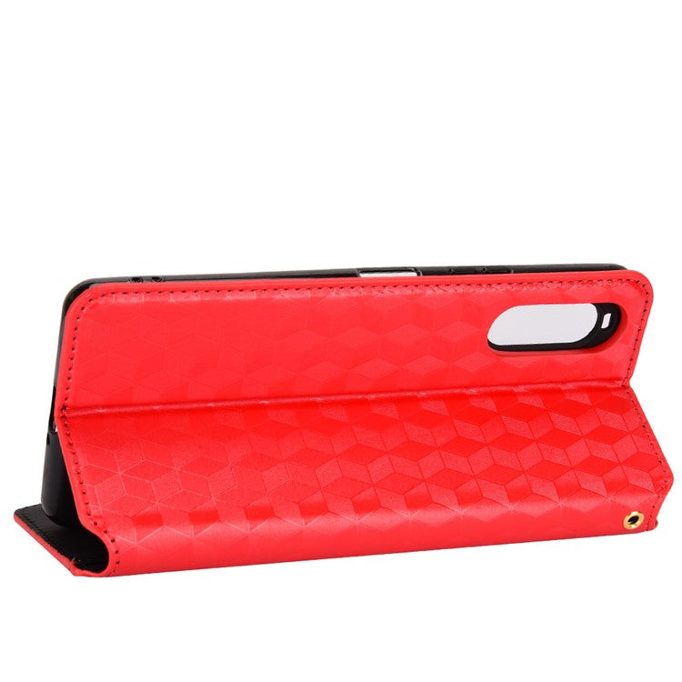 Imprinting Rhombus PU Leather Case for Sony Xperia 10 II, Wallet Stand Magnetic Auto-absorbed Phone Shell - Red