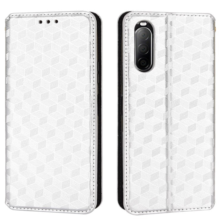 Imprinting Rhombus PU Leather Case for Sony Xperia 10 II, Wallet Stand Magnetic Auto-absorbed Phone Shell - Silver