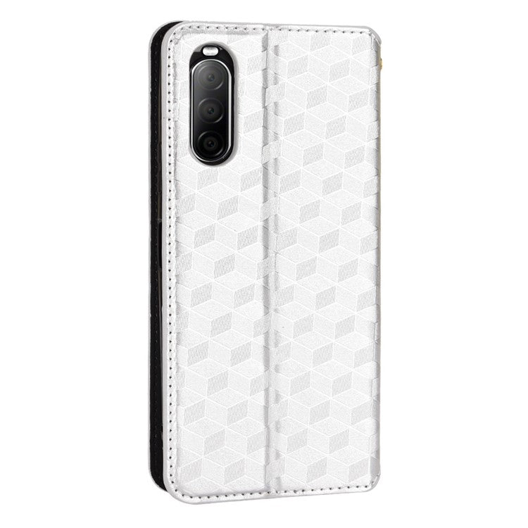 Imprinting Rhombus PU Leather Case for Sony Xperia 10 II, Wallet Stand Magnetic Auto-absorbed Phone Shell - Silver