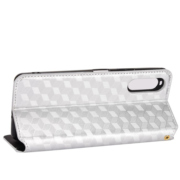 Imprinting Rhombus PU Leather Case for Sony Xperia 10 II, Wallet Stand Magnetic Auto-absorbed Phone Shell - Silver