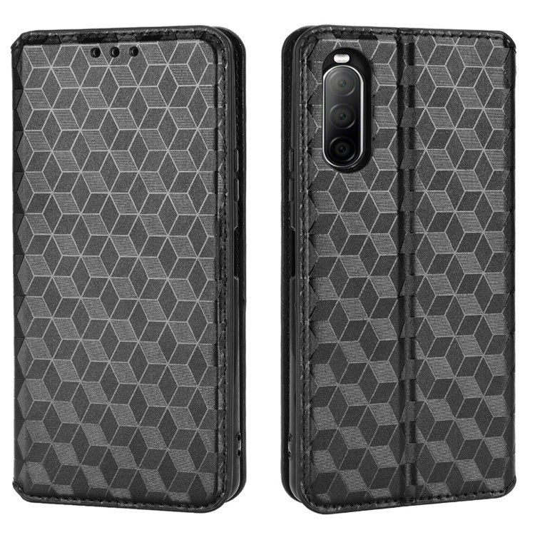 Imprinting Rhombus PU Leather Case for Sony Xperia 10 II, Wallet Stand Magnetic Auto-absorbed Phone Shell - Black