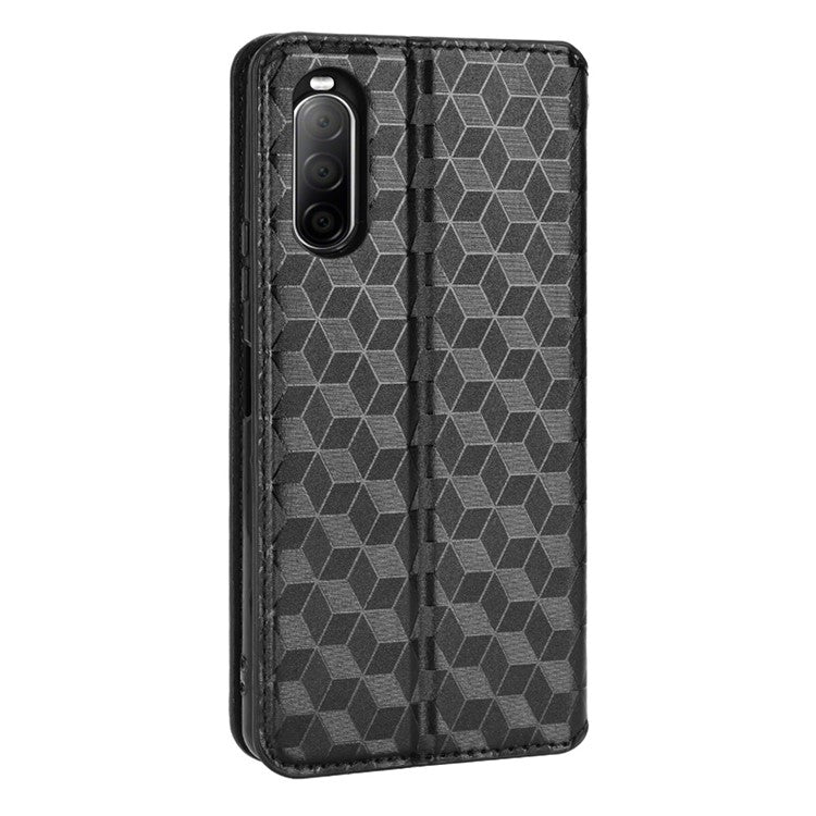 Imprinting Rhombus PU Leather Case for Sony Xperia 10 II, Wallet Stand Magnetic Auto-absorbed Phone Shell - Black