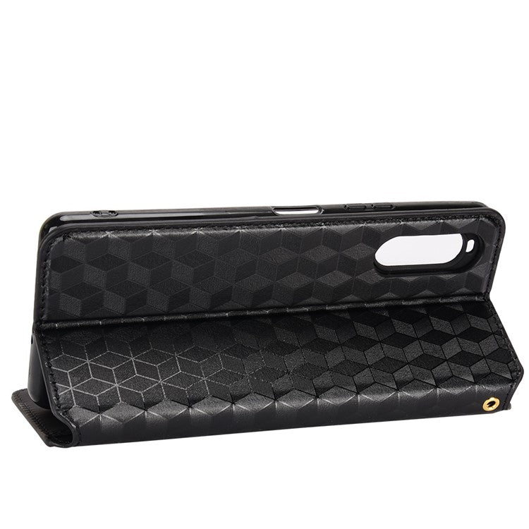 Imprinting Rhombus PU Leather Case for Sony Xperia 10 II, Wallet Stand Magnetic Auto-absorbed Phone Shell - Black