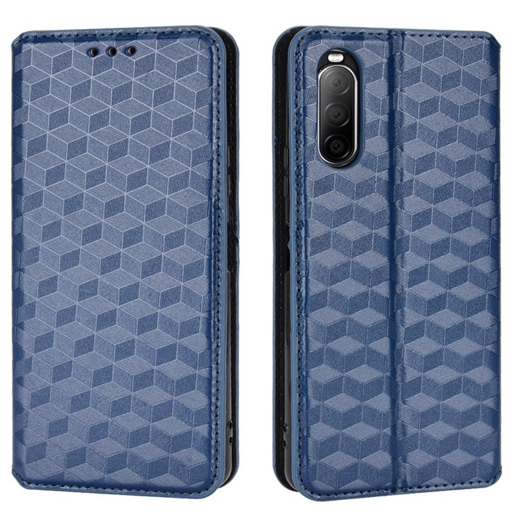 Imprinting Rhombus PU Leather Case for Sony Xperia 10 II, Wallet Stand Magnetic Auto-absorbed Phone Shell - Blue