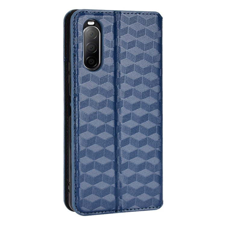 Imprinting Rhombus PU Leather Case for Sony Xperia 10 II, Wallet Stand Magnetic Auto-absorbed Phone Shell - Blue