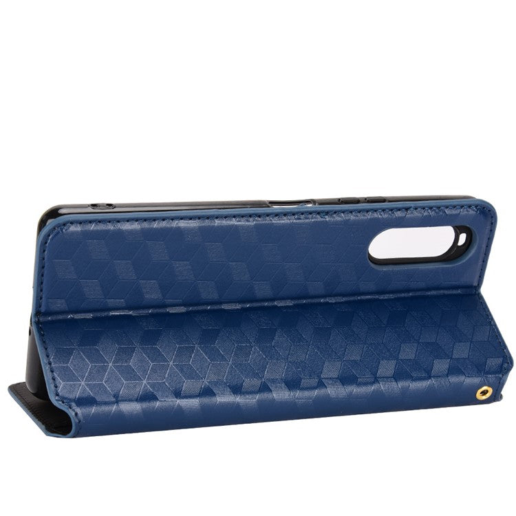 Imprinting Rhombus PU Leather Case for Sony Xperia 10 II, Wallet Stand Magnetic Auto-absorbed Phone Shell - Blue