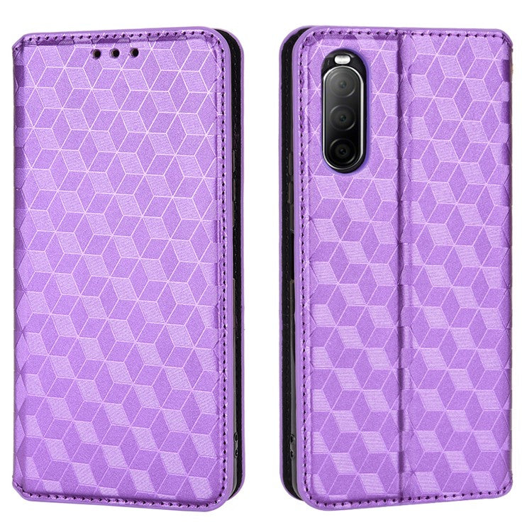 Imprinting Rhombus PU Leather Case for Sony Xperia 10 II, Wallet Stand Magnetic Auto-absorbed Phone Shell - Purple