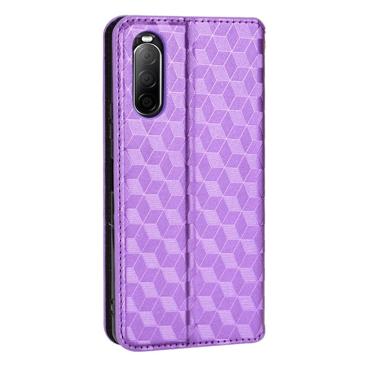 Imprinting Rhombus PU Leather Case for Sony Xperia 10 II, Wallet Stand Magnetic Auto-absorbed Phone Shell - Purple