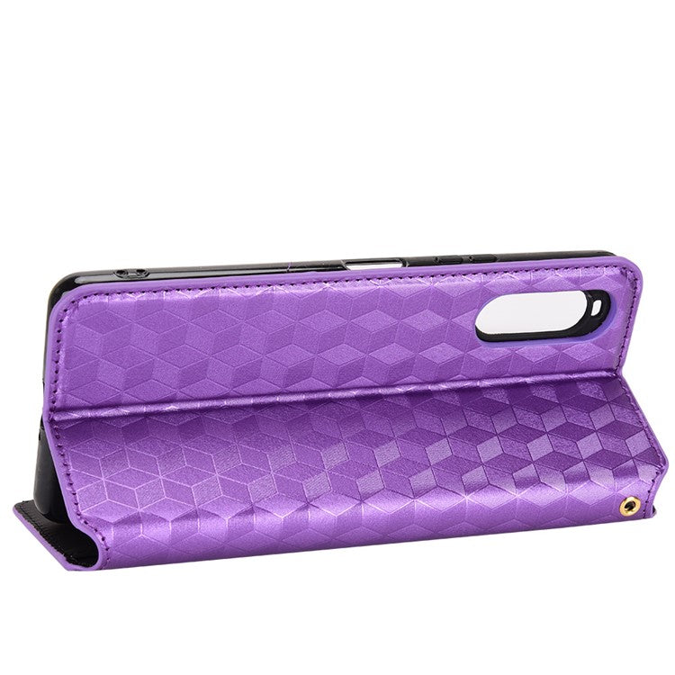 Imprinting Rhombus PU Leather Case for Sony Xperia 10 II, Wallet Stand Magnetic Auto-absorbed Phone Shell - Purple