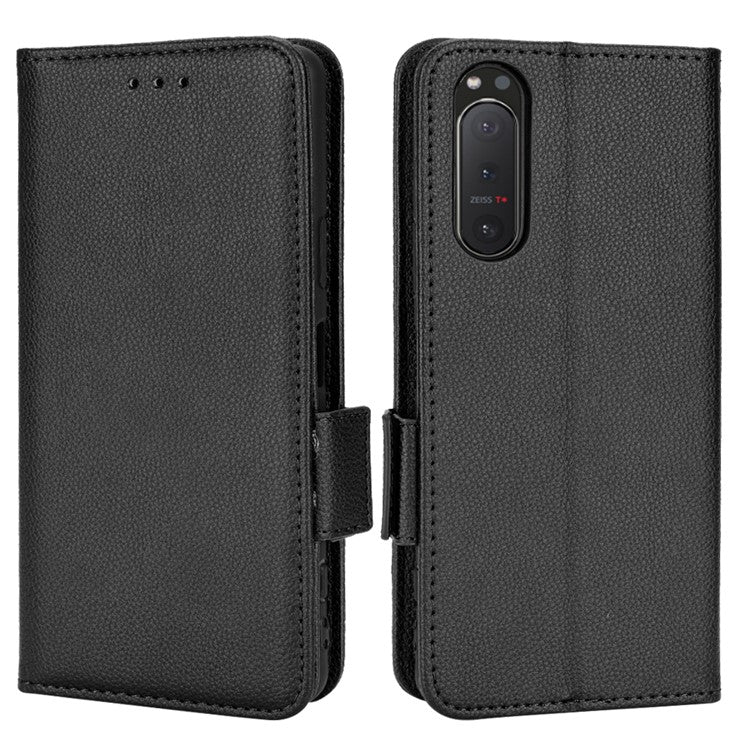 For Sony Xperia 5 II Dual Clasps PU Leather Phone Cover Litchi Texture Stand Wallet Protective Cover - Black