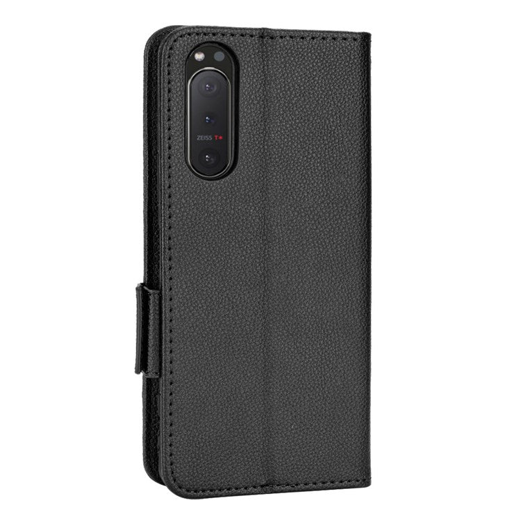 For Sony Xperia 5 II Dual Clasps PU Leather Phone Cover Litchi Texture Stand Wallet Protective Cover - Black