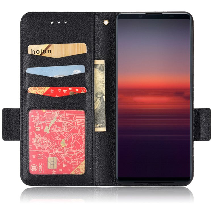 For Sony Xperia 5 II Dual Clasps PU Leather Phone Cover Litchi Texture Stand Wallet Protective Cover - Black
