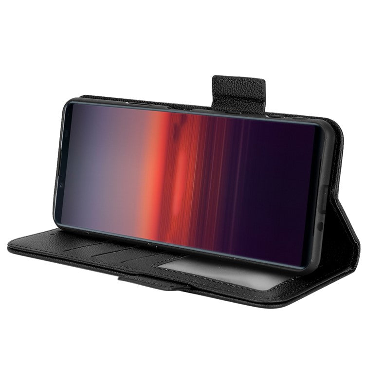 For Sony Xperia 5 II Dual Clasps PU Leather Phone Cover Litchi Texture Stand Wallet Protective Cover - Black