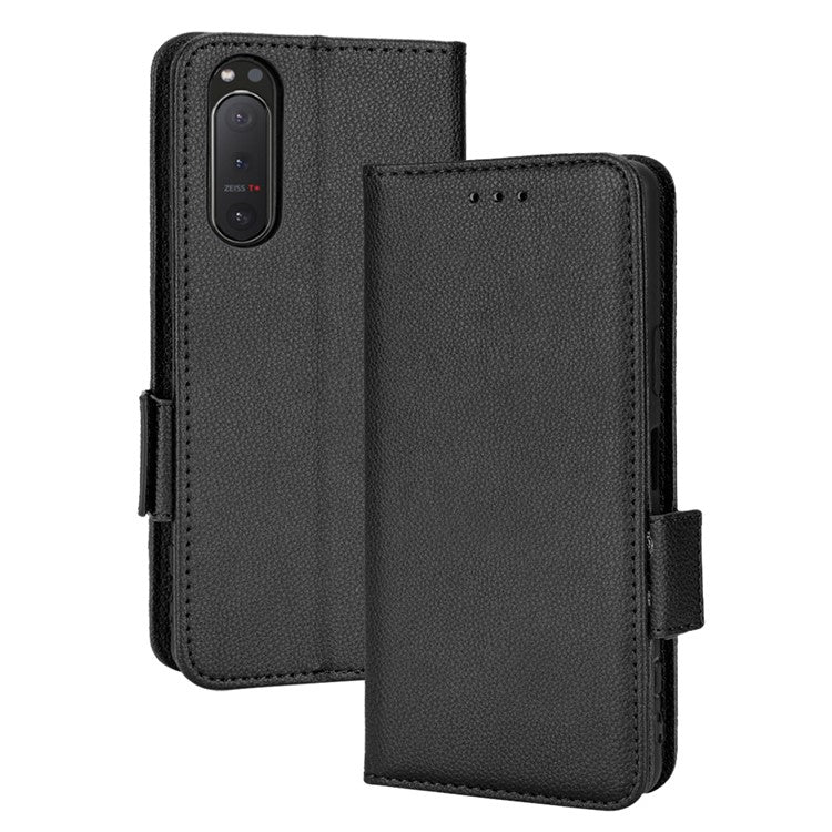 For Sony Xperia 5 II Dual Clasps PU Leather Phone Cover Litchi Texture Stand Wallet Protective Cover - Black