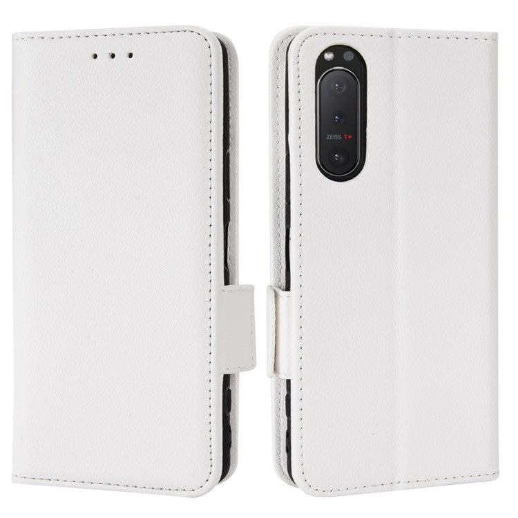 For Sony Xperia 5 II Dual Clasps PU Leather Phone Cover Litchi Texture Stand Wallet Protective Cover - White