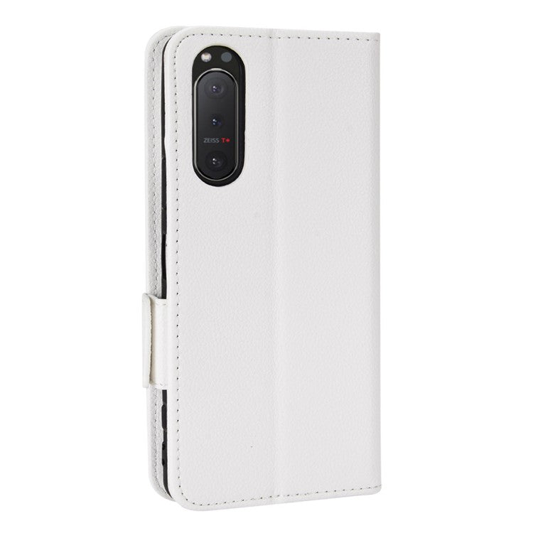 For Sony Xperia 5 II Dual Clasps PU Leather Phone Cover Litchi Texture Stand Wallet Protective Cover - White