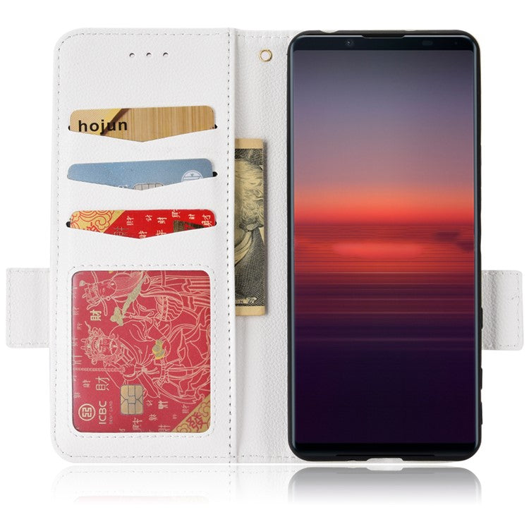 For Sony Xperia 5 II Dual Clasps PU Leather Phone Cover Litchi Texture Stand Wallet Protective Cover - White