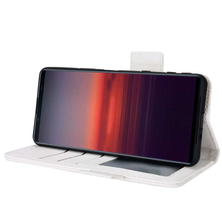 For Sony Xperia 5 II Dual Clasps PU Leather Phone Cover Litchi Texture Stand Wallet Protective Cover - White