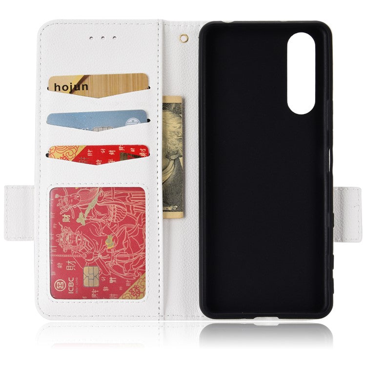 For Sony Xperia 5 II Dual Clasps PU Leather Phone Cover Litchi Texture Stand Wallet Protective Cover - White
