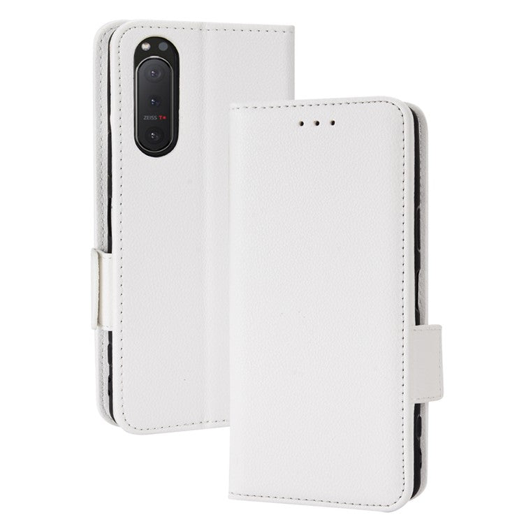 For Sony Xperia 5 II Dual Clasps PU Leather Phone Cover Litchi Texture Stand Wallet Protective Cover - White