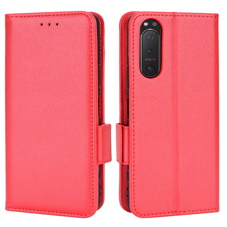 For Sony Xperia 5 II Dual Clasps PU Leather Phone Cover Litchi Texture Stand Wallet Protective Cover - Red