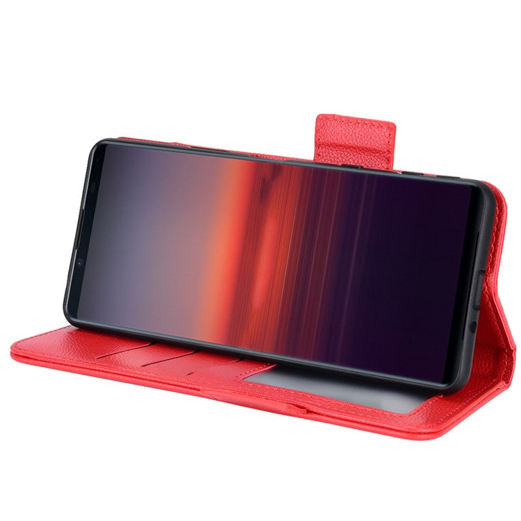 For Sony Xperia 5 II Dual Clasps PU Leather Phone Cover Litchi Texture Stand Wallet Protective Cover - Red