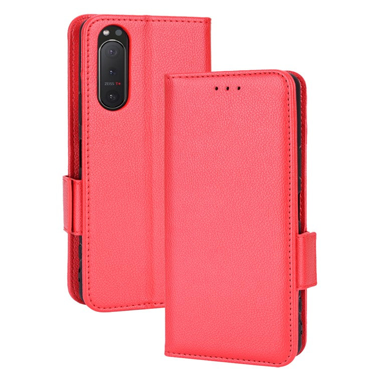 For Sony Xperia 5 II Dual Clasps PU Leather Phone Cover Litchi Texture Stand Wallet Protective Cover - Red