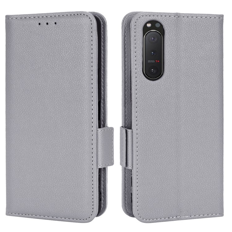 For Sony Xperia 5 II Dual Clasps PU Leather Phone Cover Litchi Texture Stand Wallet Protective Cover - Grey