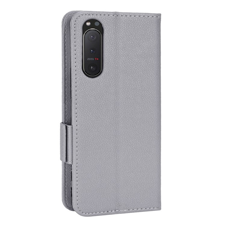 For Sony Xperia 5 II Dual Clasps PU Leather Phone Cover Litchi Texture Stand Wallet Protective Cover - Grey
