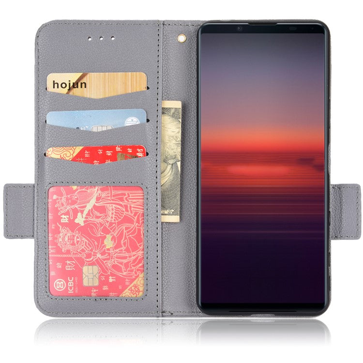 For Sony Xperia 5 II Dual Clasps PU Leather Phone Cover Litchi Texture Stand Wallet Protective Cover - Grey
