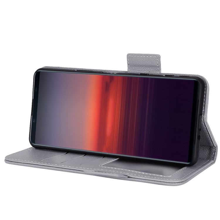 For Sony Xperia 5 II Dual Clasps PU Leather Phone Cover Litchi Texture Stand Wallet Protective Cover - Grey