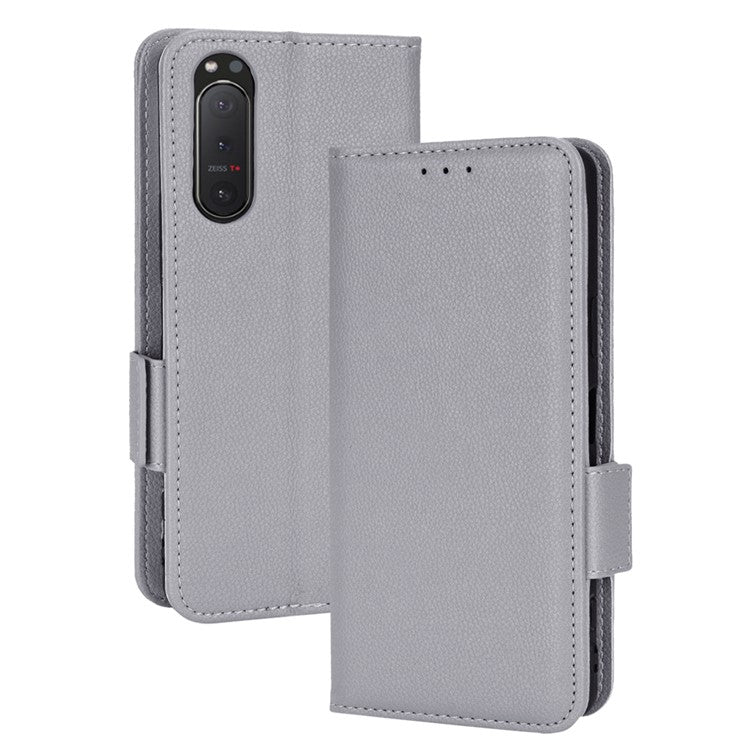 For Sony Xperia 5 II Dual Clasps PU Leather Phone Cover Litchi Texture Stand Wallet Protective Cover - Grey