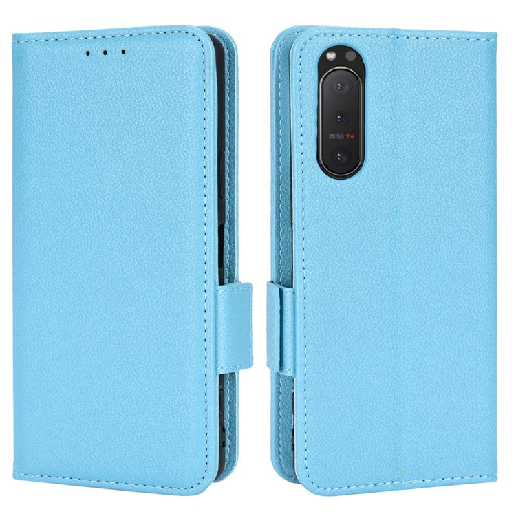 For Sony Xperia 5 II Dual Clasps PU Leather Phone Cover Litchi Texture Stand Wallet Protective Cover - Baby Blue