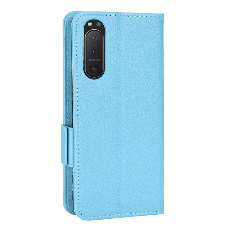 For Sony Xperia 5 II Dual Clasps PU Leather Phone Cover Litchi Texture Stand Wallet Protective Cover - Baby Blue