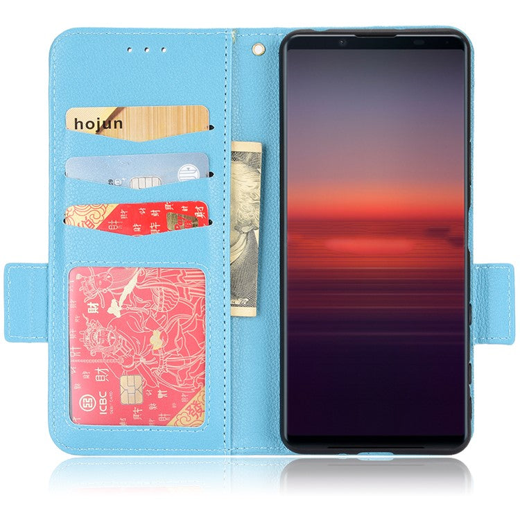 For Sony Xperia 5 II Dual Clasps PU Leather Phone Cover Litchi Texture Stand Wallet Protective Cover - Baby Blue