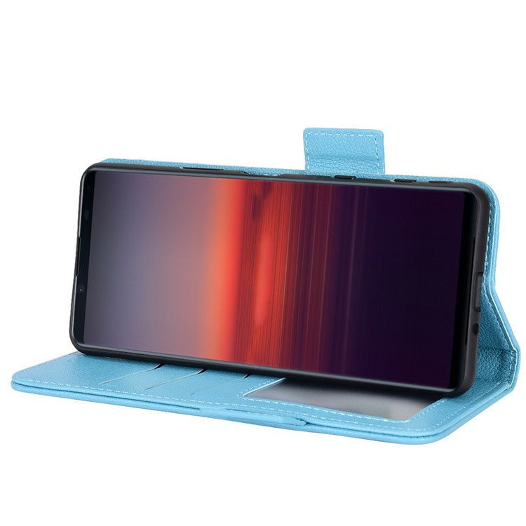 For Sony Xperia 5 II Dual Clasps PU Leather Phone Cover Litchi Texture Stand Wallet Protective Cover - Baby Blue