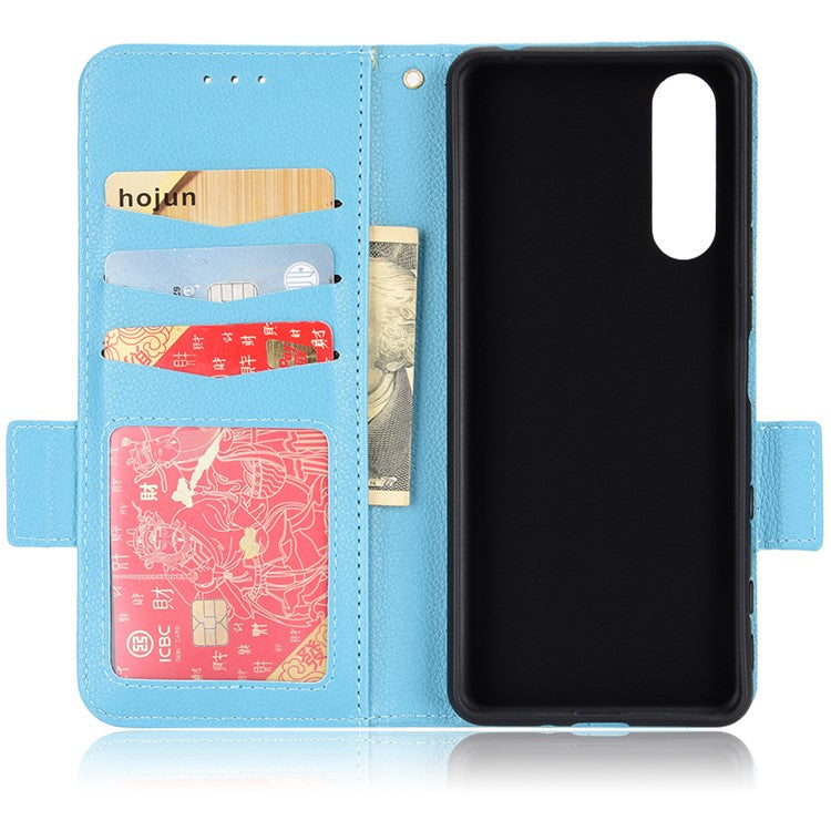 For Sony Xperia 5 II Dual Clasps PU Leather Phone Cover Litchi Texture Stand Wallet Protective Cover - Baby Blue