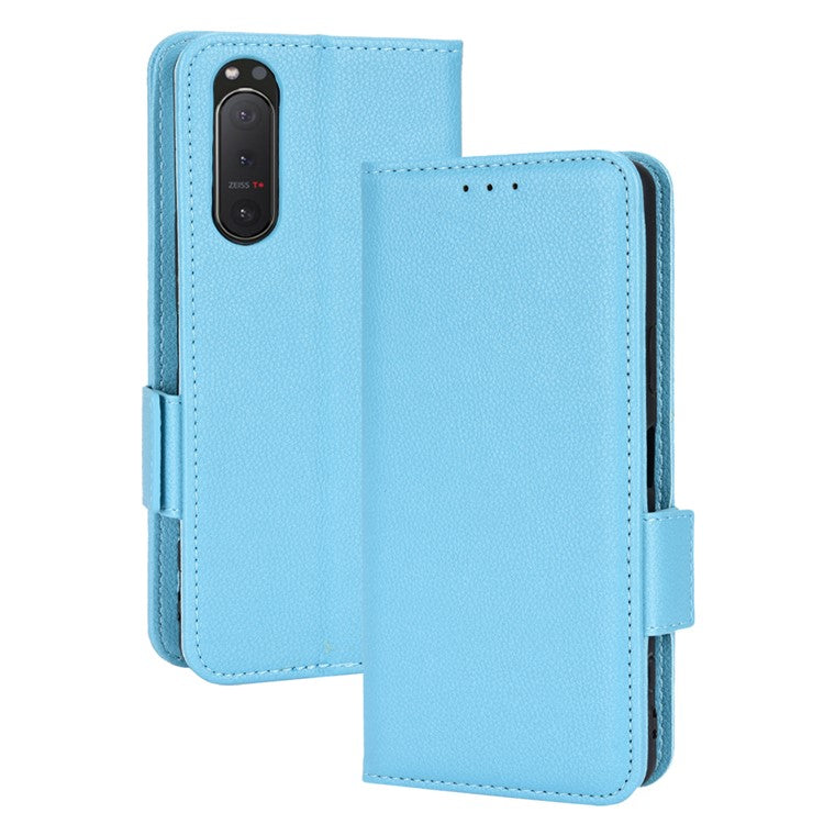 For Sony Xperia 5 II Dual Clasps PU Leather Phone Cover Litchi Texture Stand Wallet Protective Cover - Baby Blue
