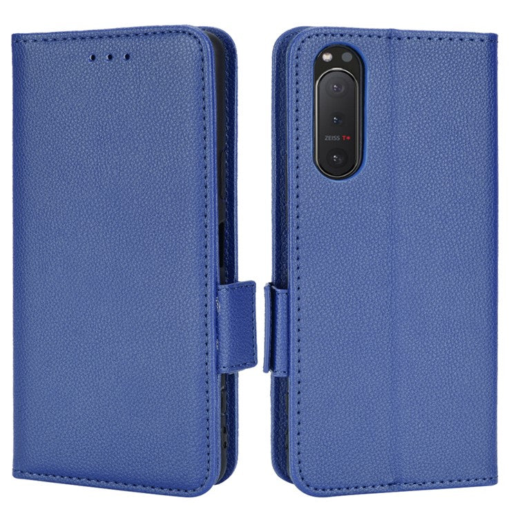 For Sony Xperia 5 II Dual Clasps PU Leather Phone Cover Litchi Texture Stand Wallet Protective Cover - Dark Blue