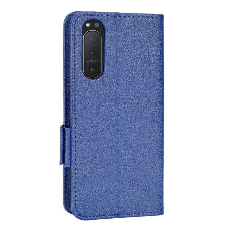 For Sony Xperia 5 II Dual Clasps PU Leather Phone Cover Litchi Texture Stand Wallet Protective Cover - Dark Blue