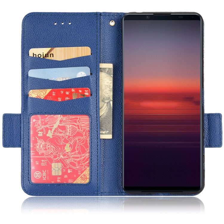 For Sony Xperia 5 II Dual Clasps PU Leather Phone Cover Litchi Texture Stand Wallet Protective Cover - Dark Blue